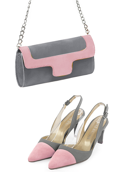 Women's dove grey and light pink luxurious elegant clutch for ceremonies, weddings and evenings out. - Worn view